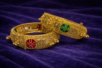Divine Jewellery Antique Temple Kada Bangles with Ruby Emerald Enamel Motifs and Heritage Filigree Work