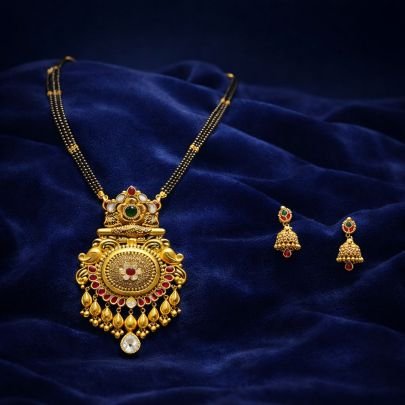 Divine Jewellery Antique Temple Mangalsutra Set with Ruby Emerald Stones and Traditional Pendant Design