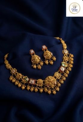 Divine Jewellery Antique Temple Necklace Set with Kundan Accents & Hanging Charms in 92.5 Silver with Gold Plating