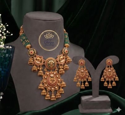 Divine Jewellery Antique Temple Necklace Set with Green Beads & Designer Jhumka Earrings for Women