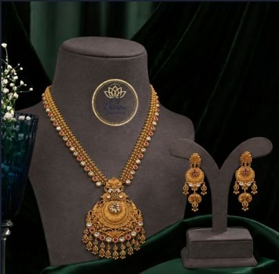 Divine Jewellery Antique Temple Necklace Set with Long Pendant & Earrings for Women | 92.5 Silver Gold Plated Bridal Jewellery
