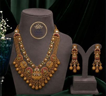 Divine Jewellery Antique Temple Necklace Set with Long Earrings | Traditional Gold Plated Silver Bridal Jewellery