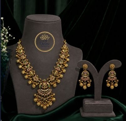 Divine Jewellery Antique Temple Necklace Set with Multi Color Stones and Hanging Bead Earrings