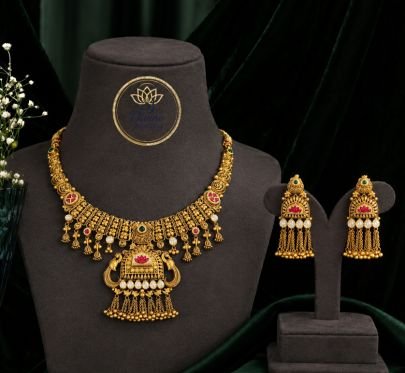 Divine Jewellery Antique Temple Necklace Set for Women | Gold Plated Silver Pendant Necklace with Earrings | Traditional Ethnic Jewellery