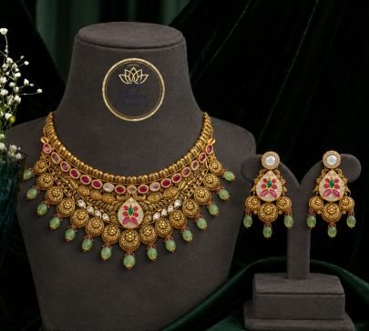 Divine Jewellery Antique Temple Choker Set for Women | Gold Plated Silver Bridal Necklace with Green Drops & Earrings