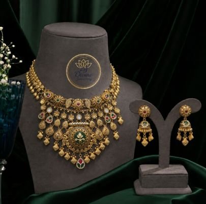 Divine Jewellery Antique Temple Necklace Set with Designer Earrings for Women | Traditional Gold Plated Silver Bridal Jewellery