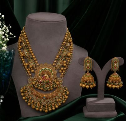 Divine Jewellery Antique Temple Long Necklace Set with Jhumka Earrings for Women | Gold Plated Silver Bridal Jewellery