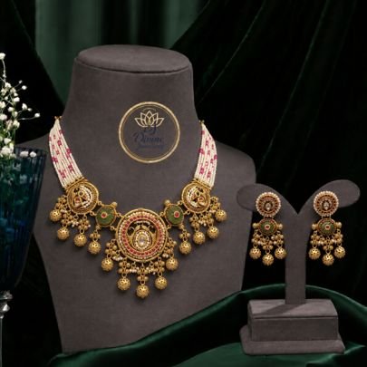 Divine Jewellery Antique Temple Pendant Necklace Set with Earrings for Women | Gold Plated Silver Traditional Jewellery