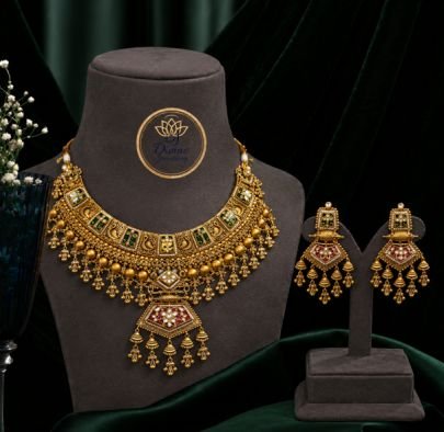 Divine Jewellery Antique Temple Choker Necklace Set with Earrings for Women | Gold Plated Silver Traditional Jewellery