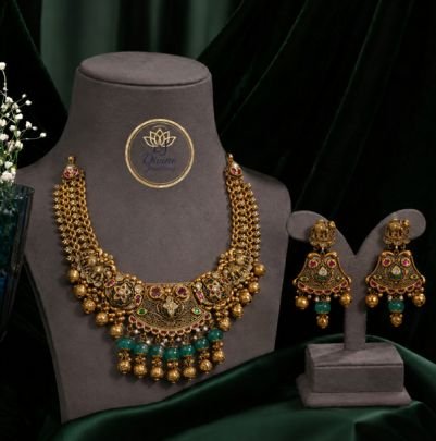 Divine Jewellery Antique Temple Green Beaded Gold Plated Silver Necklace Set with Earrings