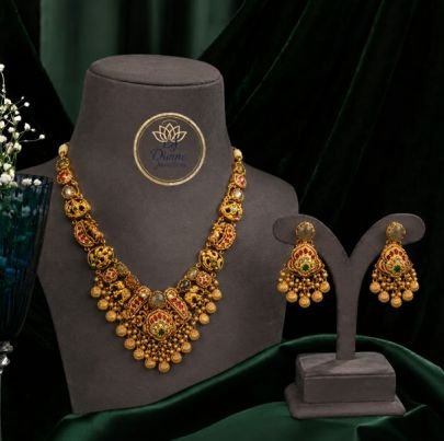 Divine Jewellery Antique Temple Gold Plated Silver Necklace Set with Jhumka Earrings