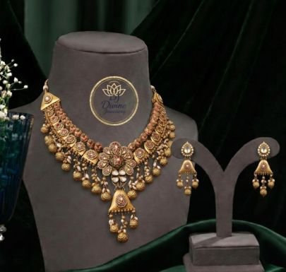 Divine Jewellery Antique Temple Gold-Plated 92.5 Silver Bridal Necklace Set with Matching Earrings