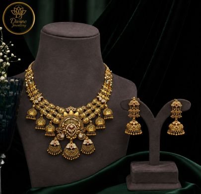 Divine Jewellery Antique Temple Gold-Plated 92.5 Silver Bridal Necklace Set with Jhumka Earrings