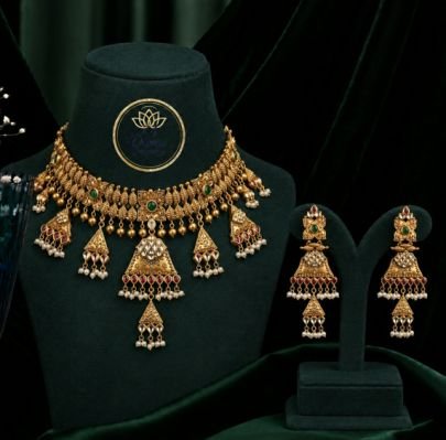 Divine Jewellery Antique Temple Pendant Choker Necklace Set with Earrings | 92.5 Silver Gold Plated
