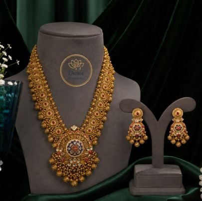Divine Jewellery Antique Temple Long Haram Necklace Set with Earrings | Gold Plated 92.5 Silver Traditional Bridal Jewellery