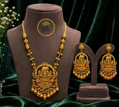Divine Jewellery Antique Temple Long Necklace Set for Women | Gold Plated 925 Silver Elephant Pendant Necklace with Matching Jhumka Earrings