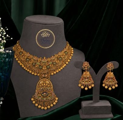 Divine Jewellery Antique Temple Lakshmi Necklace Set with Jhumka Earrings | 92.5 Silver Gold Plated South Indian Bridal Jewellery