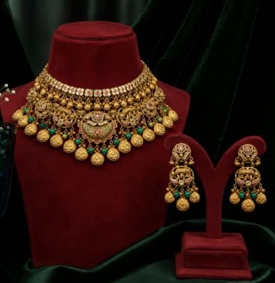 Divine Jewellery Antique Temple Lakshmi Choker Set | 92.5 Silver with Gold Plating | Traditional South Indian Bridal Necklace Set with Earrings