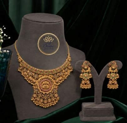Divine Jewellery Antique Temple Necklace Set for Women with Earrings | Gold Plated Traditional Lakshmi Design Jewellery | Bridal Wedding Festival Part