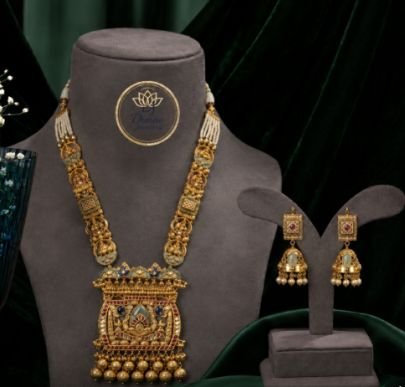 Divine Jewellery Antique Temple Pendant Necklace Set for Women with Earrings | Gold Plated Traditional Long Haram Jewellery Set | Bridal, Wedding, Fes