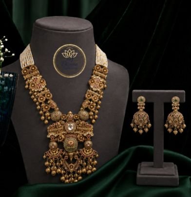 Divine Jewellery Antique Temple Bridal Necklace Set for Women | Gold Plated Traditional Statement Necklace with Matching Jhumka Earrings | Wedding, Br