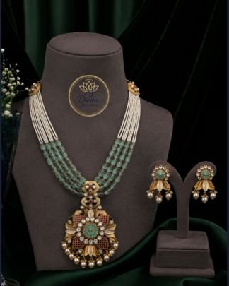 Divine Jewellery Aqua Green Beaded Pendant Necklace Set with Earrings for Women | 92.5 Silver Gold Plated Designer Bridal Haar