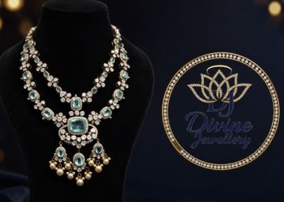 Divine Jewellery Aqua Stone Double Layer Necklace Set for Women | 92.5 Silver Gold Plated Designer Bridal Necklace
