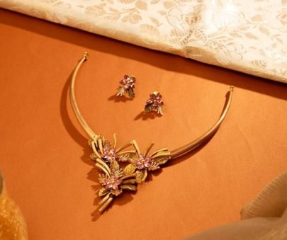 Divine Jewellery Artistic Floral Branch Designer Gold-Plated Necklace Set with Pink Stone Accents