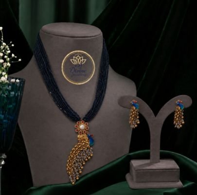 Divine Jewellery Blue Beaded Peacock Necklace Set for Women | Gold Plated Silver Base Designer Ethnic Jewellery Set