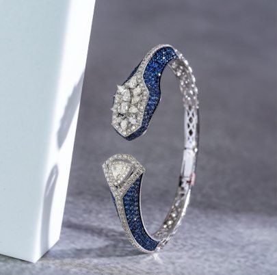Divine Jewellery Blue Sapphire Pavé Open Cuff Designer Bangle