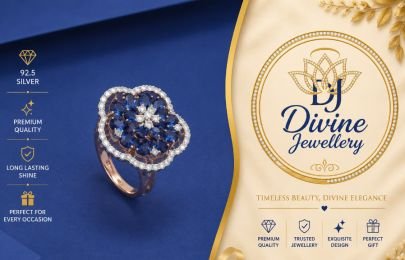 Divine Jewellery Blue Sapphire Flower Ring for Women | 92.5 Sterling Silver Gold Plated Floral Statement Ring | Adjustable Designer Ring