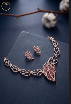 Divine Jewellery Blush Leaf Diamond-Style Rose Gold Statement Necklace Set