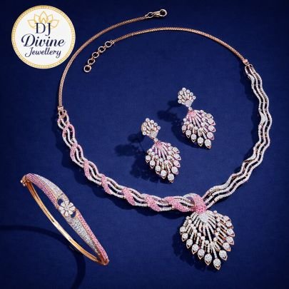 Divine Jewellery Blush Royale Crystal Wave Bridal Necklace Set with Statement Earrings & Designer Kada
