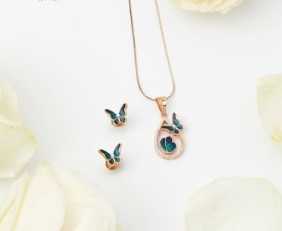 Divine Jewellery Butterfly Bloom Designer Pendant Necklace Set with Crystal Halo