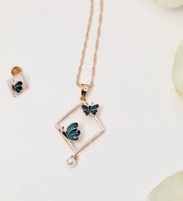 Divine Jewellery Butterfly Square Frame Designer Pendant Necklace Set with Pearl Drop