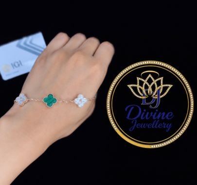 Divine Jewellery Clover Motif Bracelet | 92.5 Silver with Gold Plating | Green & White Floral Design Bracelet for Women