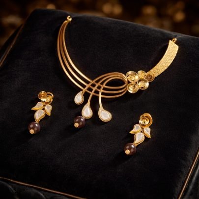 Divine Jewellery Contemporary Gold Floral Collar Necklace Set with Pearl Drops and Designer Earrings