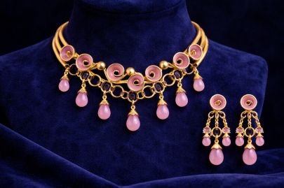 Divine Jewellery Contemporary Pink Stone Choker Set with Drop Danglers & Matching Earrings in 92.5 Silver with Gold Plating