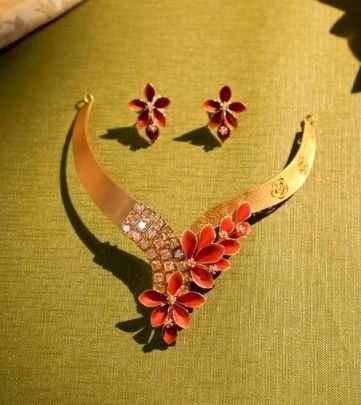 Divine Jewellery Coral Floral Gold-Plated Designer Necklace Set with Crystal Detailing