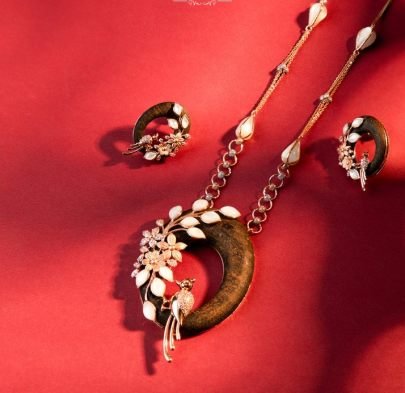 Divine Jewellery Crescent Floral Designer Pendant Necklace Set with Elegant Stud Earrings