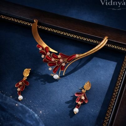 Divine Jewellery Crimson Bloom Matte Gold Statement Necklace Set with Ruby-Tone Petal Design & Pearl Drop Accents