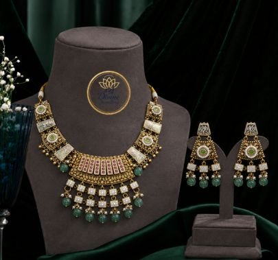 Divine Jewellery Designer Antique Necklace Set with Earrings for Women | Gold Plated Silver Ethnic Jewellery
