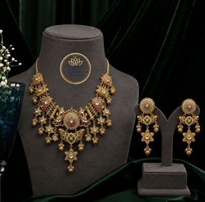 Divine Jewellery Designer Floral Antique Necklace Set with Earrings | Gold Plated Silver Ethnic Jewellery