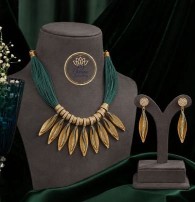 Divine Jewellery Designer Green Thread Gold-Plated 92.5 Silver Statement Necklace Set with Matching Earrings