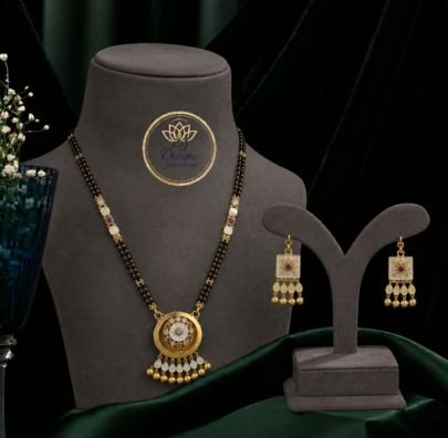 Divine Jewellery Designer Mangalsutra Pendant Set with Earrings for Women | 92.5 Silver Gold Plated Traditional Black Bead Necklace