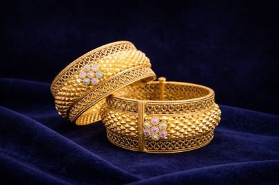 Divine Jewellery Designer Textured Gold Plated Bangles Set with Stone Floral Motif in 92.5 Silver