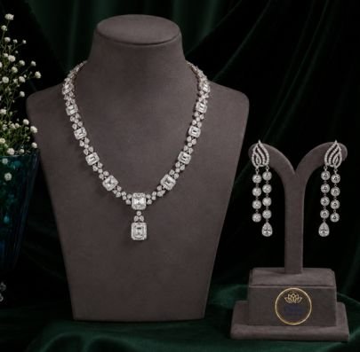 Divine Jewellery Diamond Look Necklace Set for Women | Silver Finish Designer Bridal Jewellery with Drop Earrings