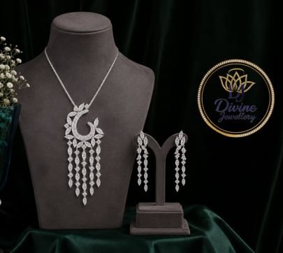 Divine Jewellery Diamond Look Pendant Necklace Set for Women | Silver Finish Designer Party Wear Jewellery