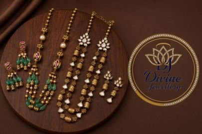 Divine Jewellery Dual Layer Green Beads Long Necklace Set with Earrings | 92.5 Silver Gold Plated Traditional Bridal Jewellery