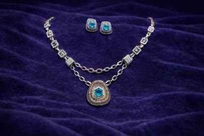 Divine Jewellery Elegant Blue Stone Pendant Necklace Set with Double Chain Design and Matching Stud Earrings